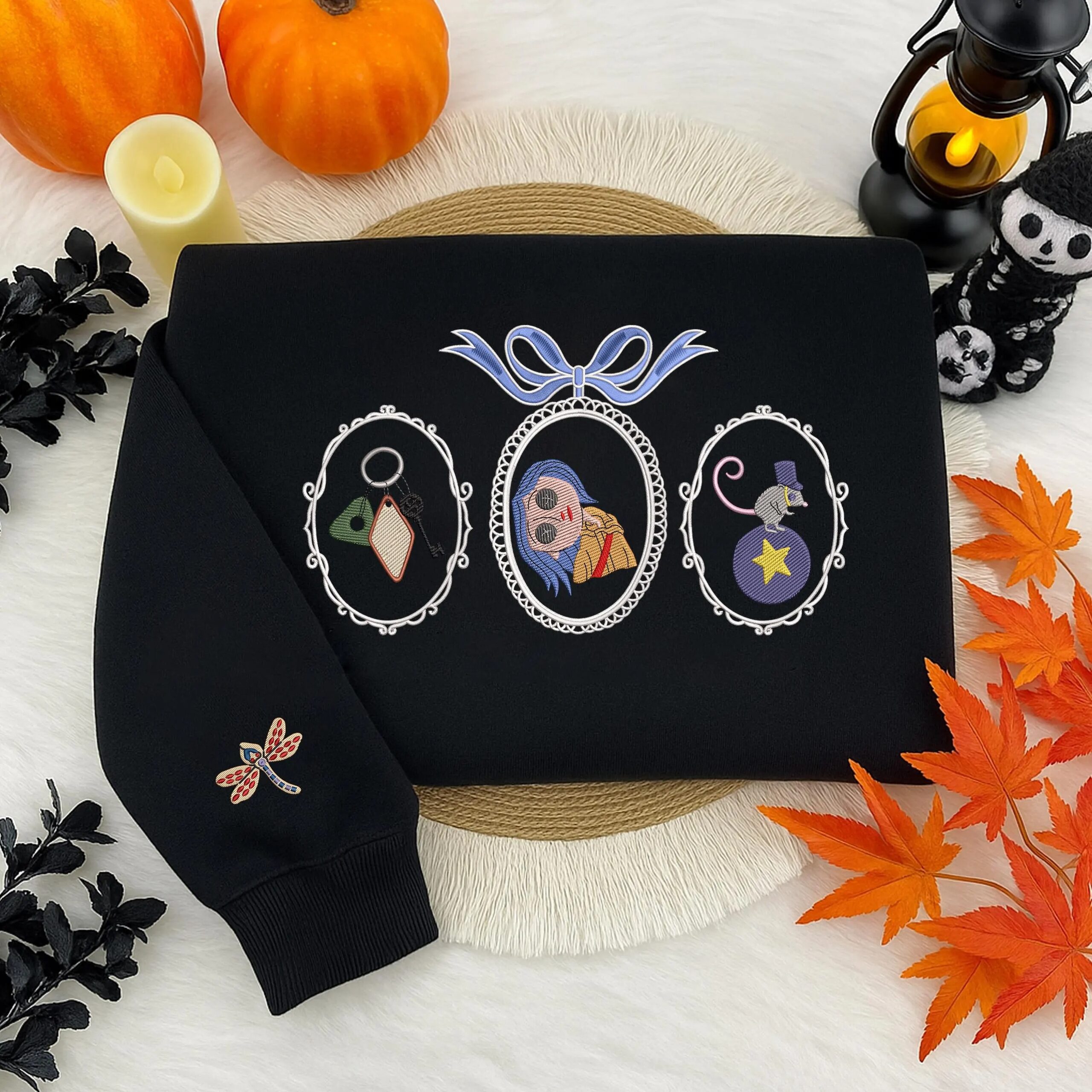 Button Girl Halloween Movie Shirt, Embroidered Scary Doll Sweatshirt, Spooky Frame Embroidered Shirt, Custom Embroidered Sweatshirt - Image 3