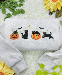 Embroidered Halloween Black Cat Sweatshirt, Pumpkin Fall Hoodie