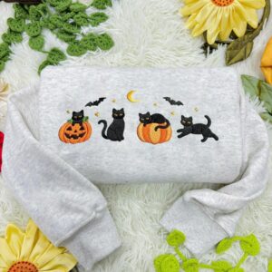 Embroidered Halloween Black Cat Sweatshirt, Pumpkin Fall Hoodie