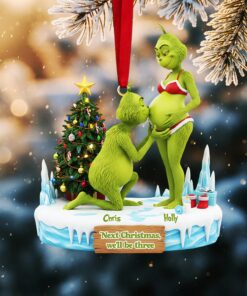 Personalized Grinch Christmas Ornament, Funny Green Monster Couple, Custom Holiday Tree Decoration
