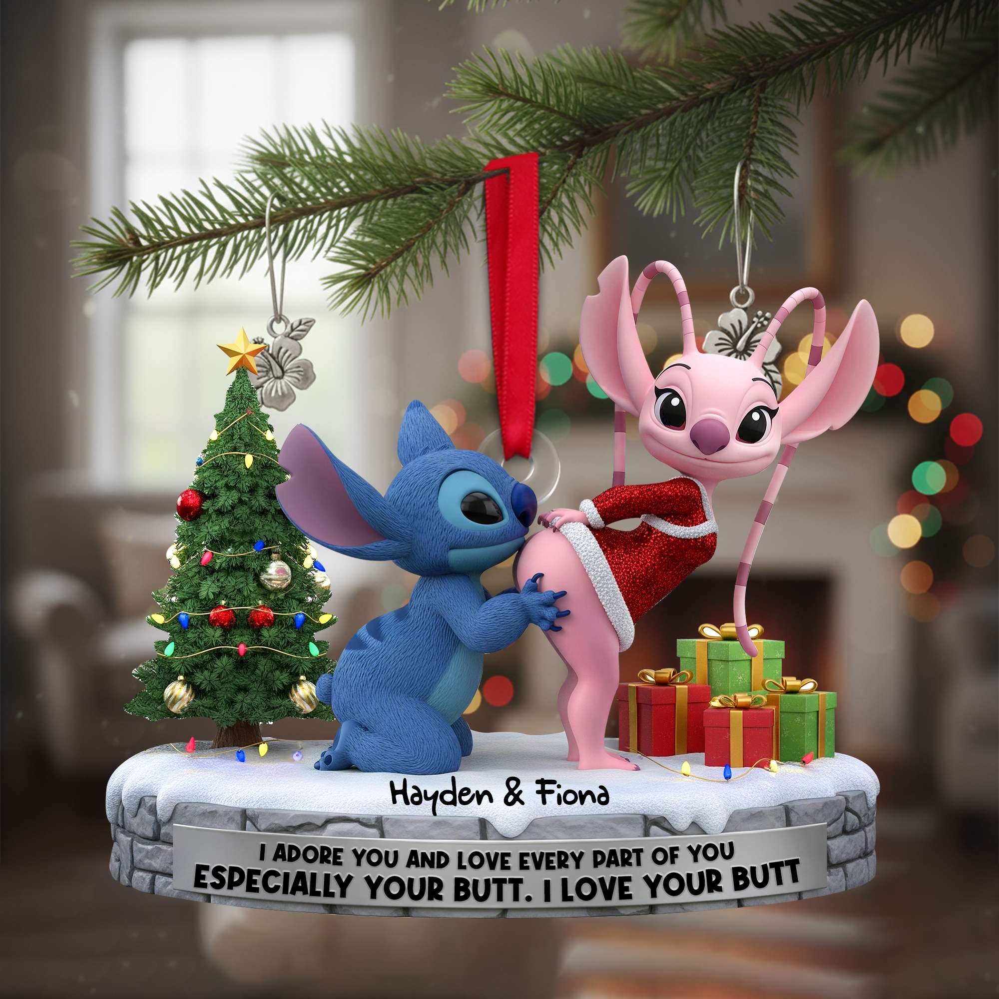 Custom Name Stitch And Angel Santa Hat Ornament, Stitch And Angel Love Ornament, Cute Alien Couple Christmas Ornament - Image 3