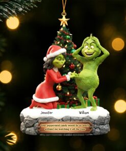 Personalized Grinch Christmas Ornament, Funny Green Monster Couple, Custom Holiday Tree Decoration