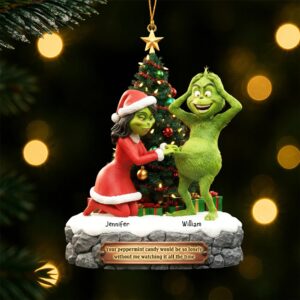 Personalized Grinch Christmas Ornament, Funny Green Monster Couple, Custom Holiday Tree Decoration