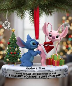 Custom Name Stitch And Angel Santa Hat Ornament, Stitch And Angel Love Ornament, Cute Alien Couple Christmas Ornament