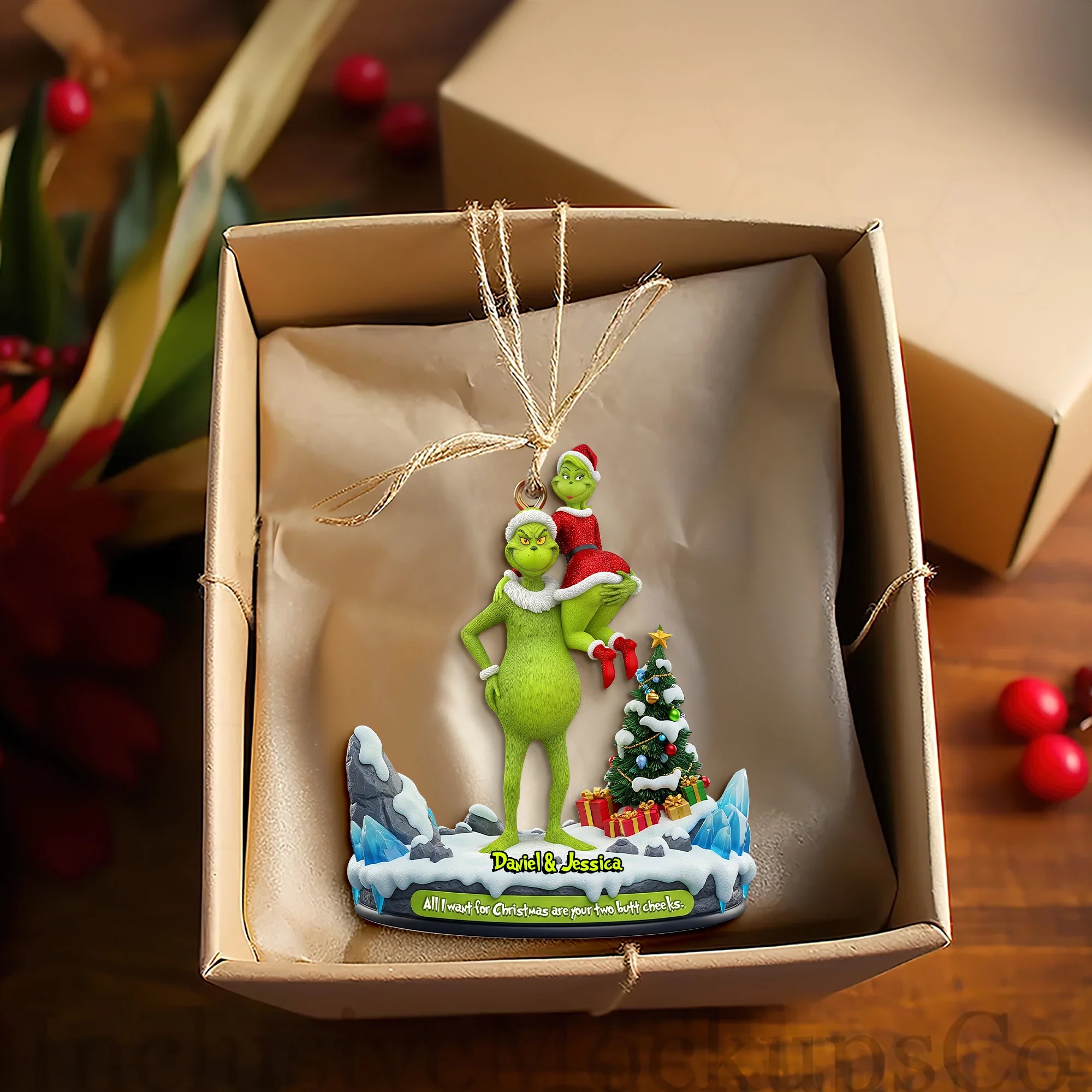 Funny Green Monster Acrylic Christmas Ornament: Personalized Romantic Gift - Image 2