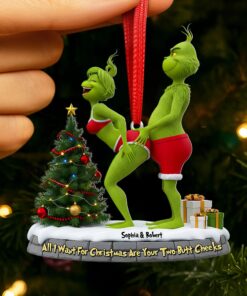 Personalized Grinch Christmas Ornament, Funny Green Monster Couple, Custom Holiday Tree Decoration