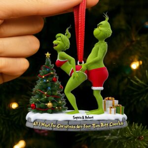 Personalized Grinch Christmas Ornament, Funny Green Monster Couple, Custom Holiday Tree Decoration