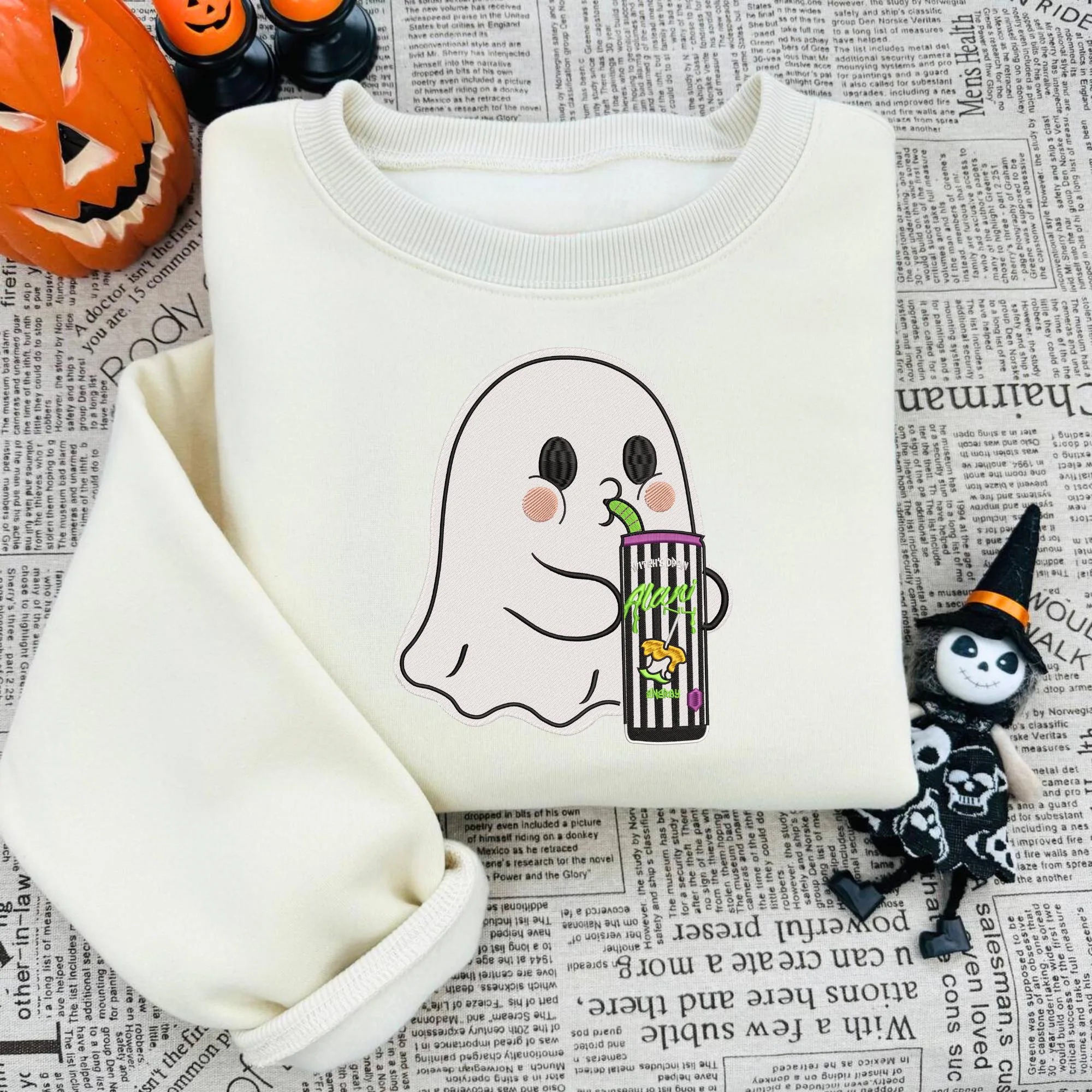 Embroidered Alani Ghost Embroidered Sweatshirt, Funny Halloween Ghost Sweater, Spooky Season Embroidery Shirt - Image 5