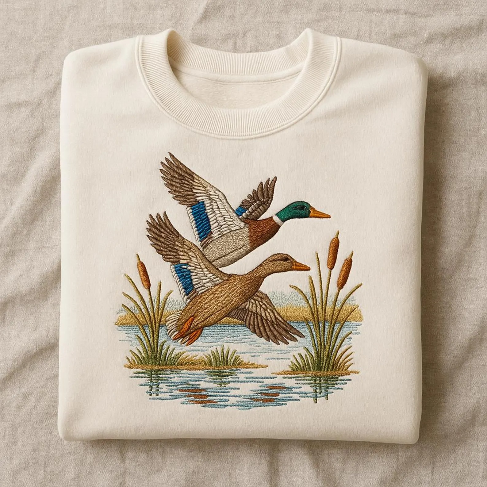 Embroidered Mallard Duck Sweatshirt, Flying Ducks Hoodie, Nature Waterfowl Bird Sweater, Outdoors Hunter Gift