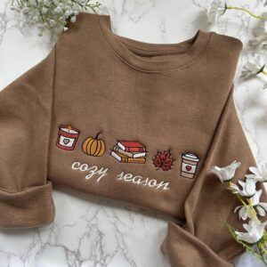 Embroidered Cozy Season Sweatshirt, Cute Autumn Sweatshirt, Pumpkin Embroidered Bookish Sweater