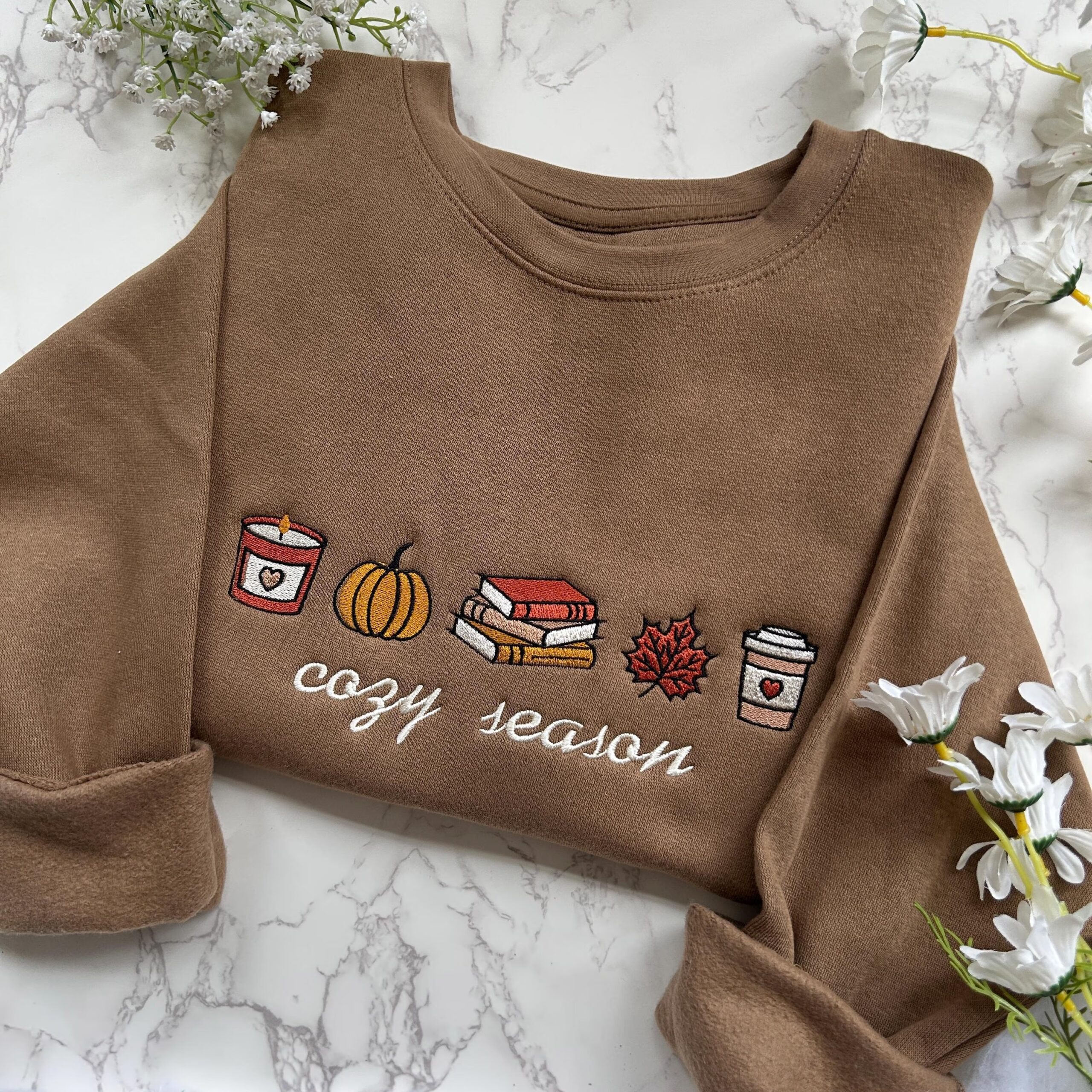Embroidered Cozy Season Sweatshirt, Cute Autumn Sweatshirt, Pumpkin Embroidered Bookish Sweater