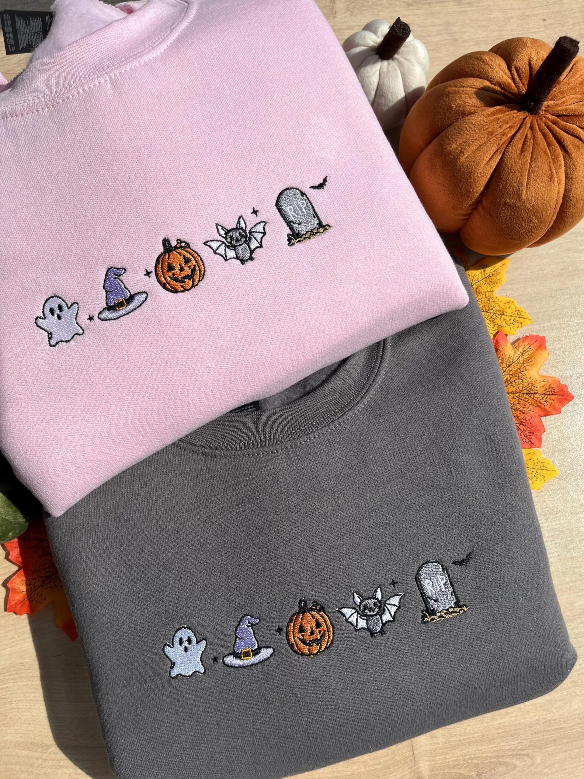 Embroidered Cute Spooky Icons Sweatshirt, Halloween Autumn Slogan Embroidered Sweatshirt - Image 3