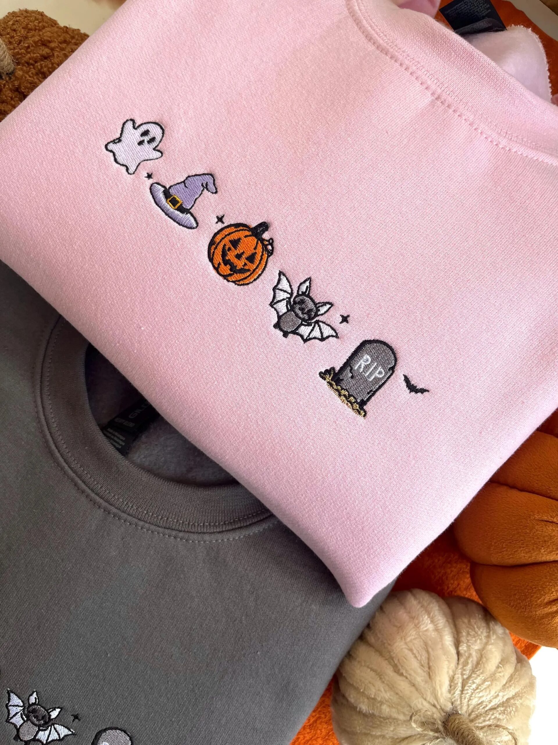Embroidered Cute Spooky Icons Sweatshirt, Halloween Autumn Slogan Embroidered Sweatshirt - Image 2