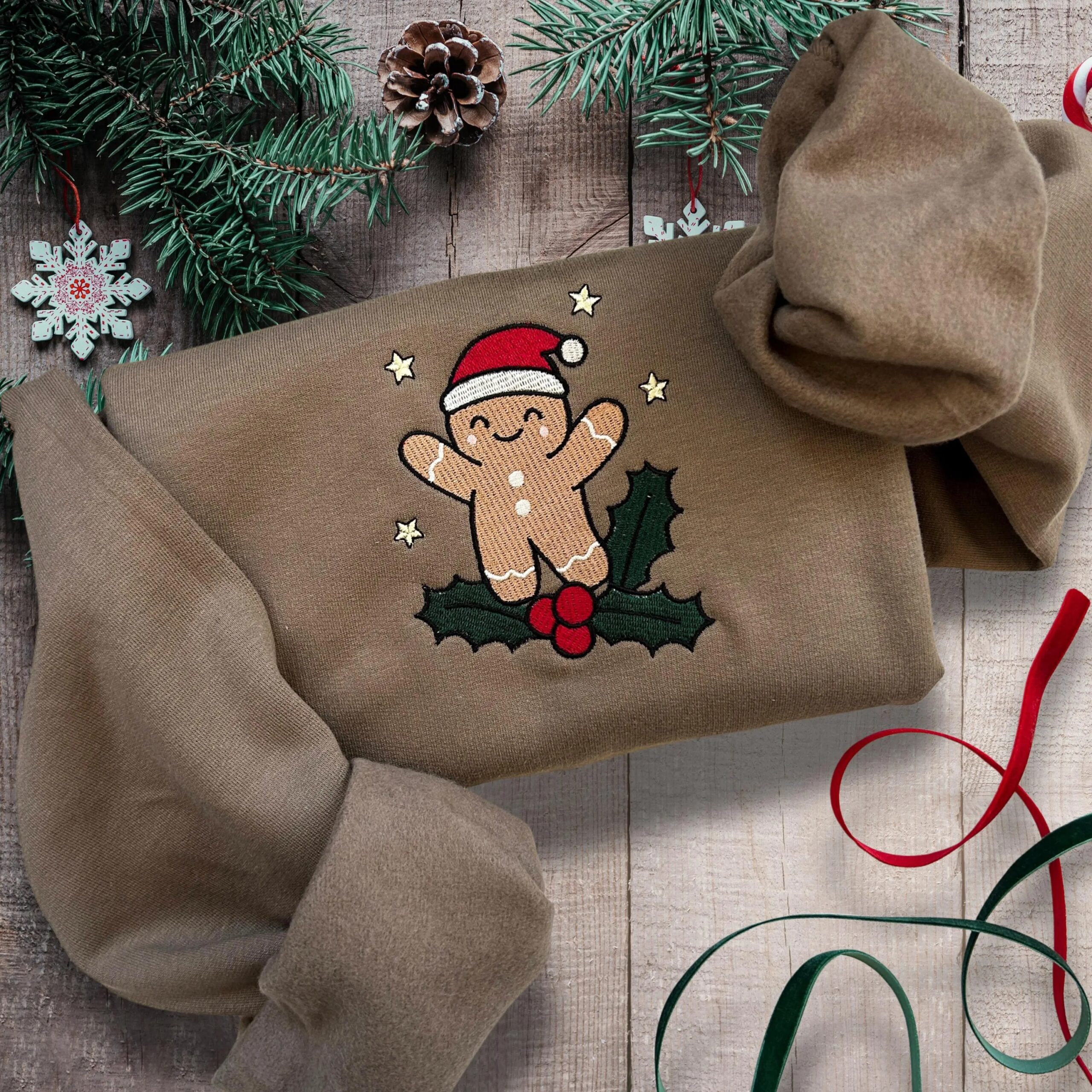 Embroidered Christmas Gingerbread Sweatshirt, Holiday Sweatshirt, Gingerbread Man Embroidered Sweater - Image 3