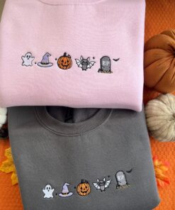 Embroidered Cute Spooky Icons Sweatshirt, Halloween Autumn Slogan Embroidered Sweatshirt