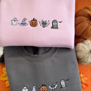 Embroidered Cute Spooky Icons Sweatshirt, Halloween Autumn Slogan Embroidered Sweatshirt