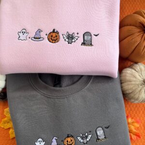 Embroidered Cute Spooky Icons Sweatshirt, Halloween Autumn Slogan Embroidered Sweatshirt