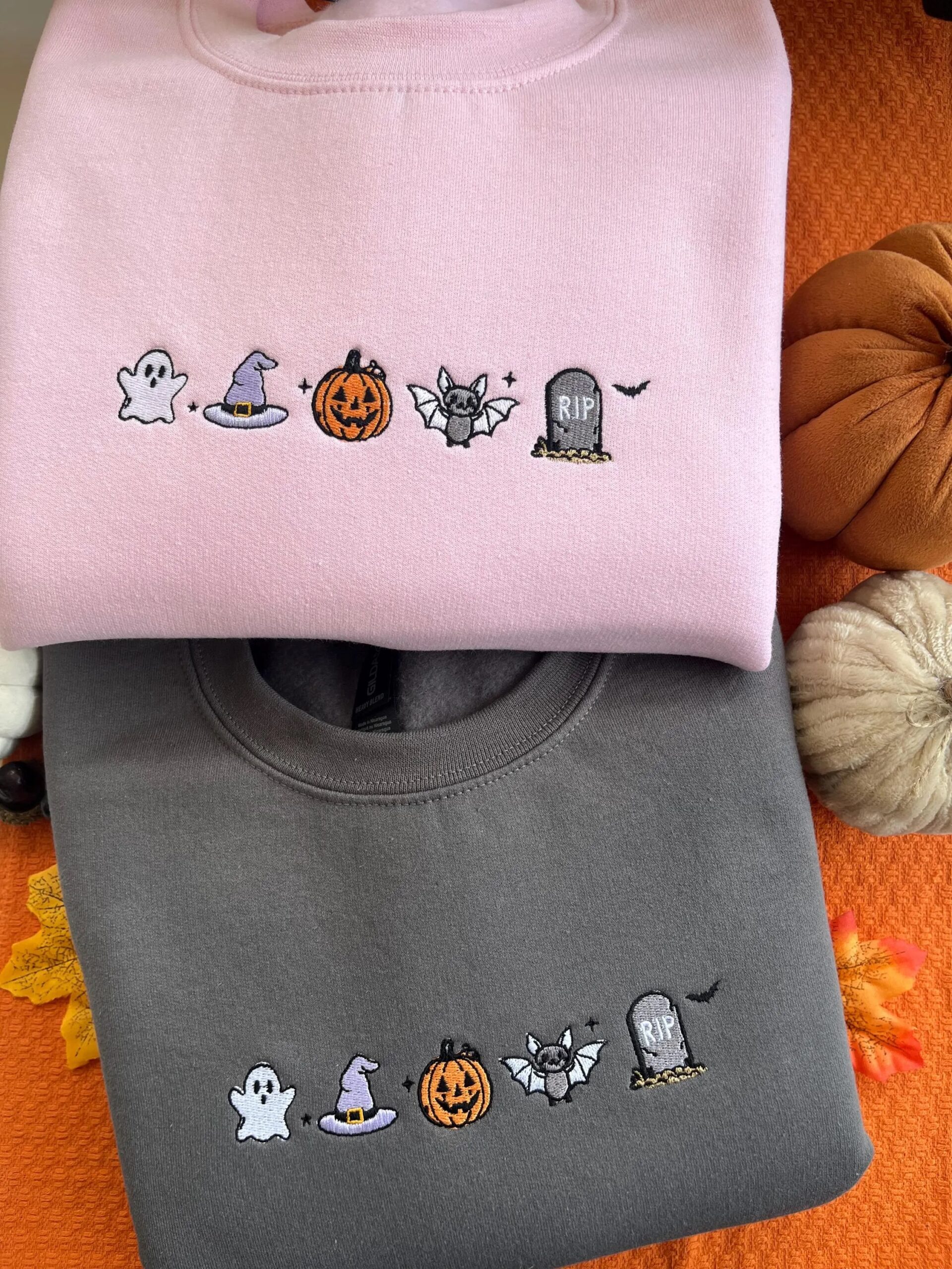 Embroidered Cute Spooky Icons Sweatshirt, Halloween Autumn Slogan Embroidered Sweatshirt