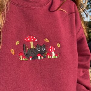 Embroidered Mushroom Cat Sweatshirt, Cute Autumn Embroidered Sweatshirt