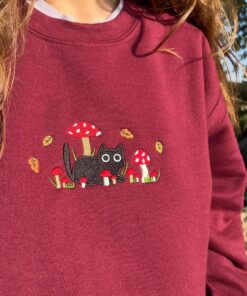 Embroidered Mushroom Cat Sweatshirt, Cute Autumn Embroidered Sweatshirt