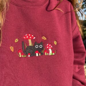 Embroidered Mushroom Cat Sweatshirt, Cute Autumn Embroidered Sweatshirt