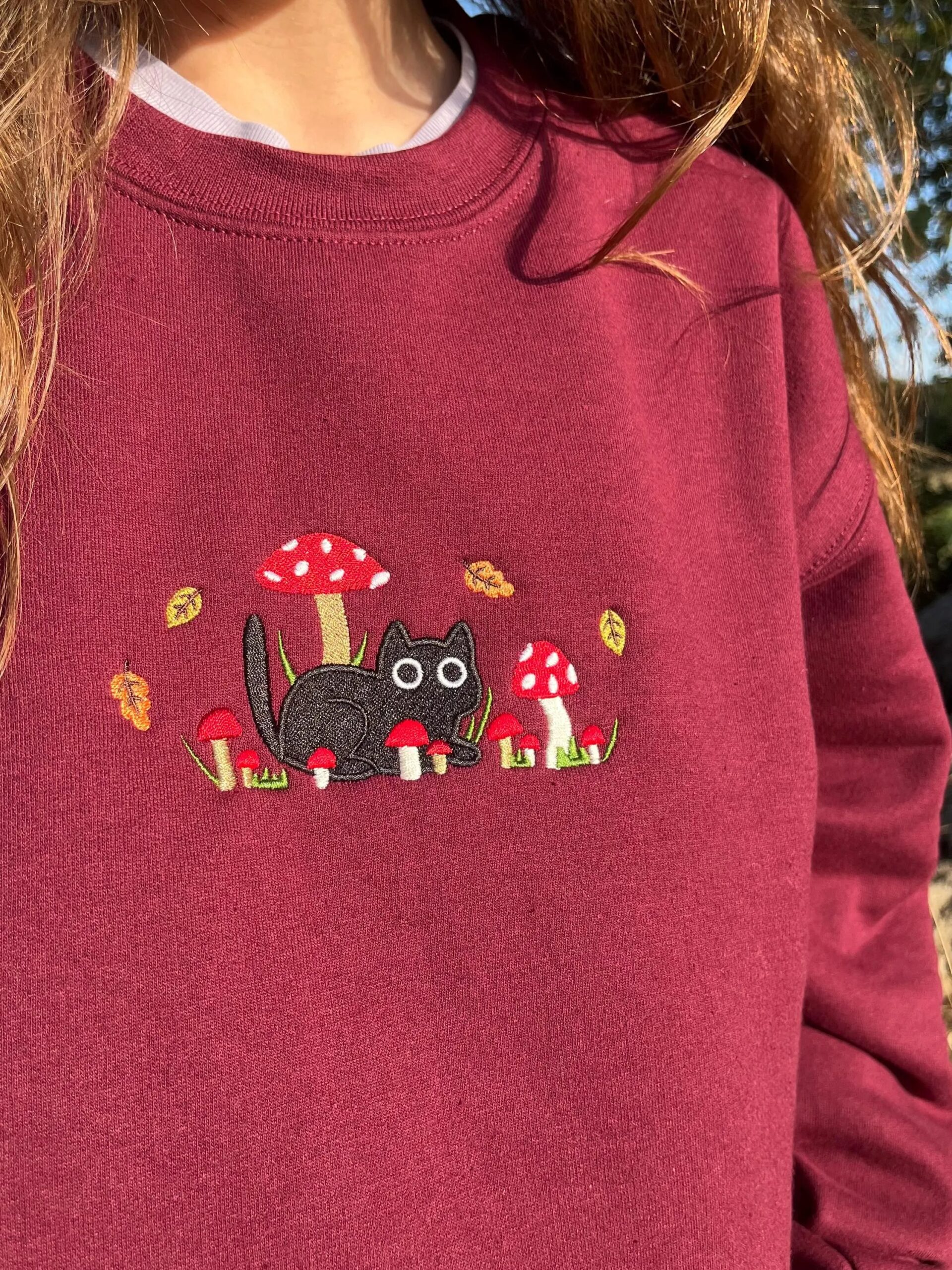 Embroidered Mushroom Cat Sweatshirt, Cute Autumn Embroidered Sweatshirt