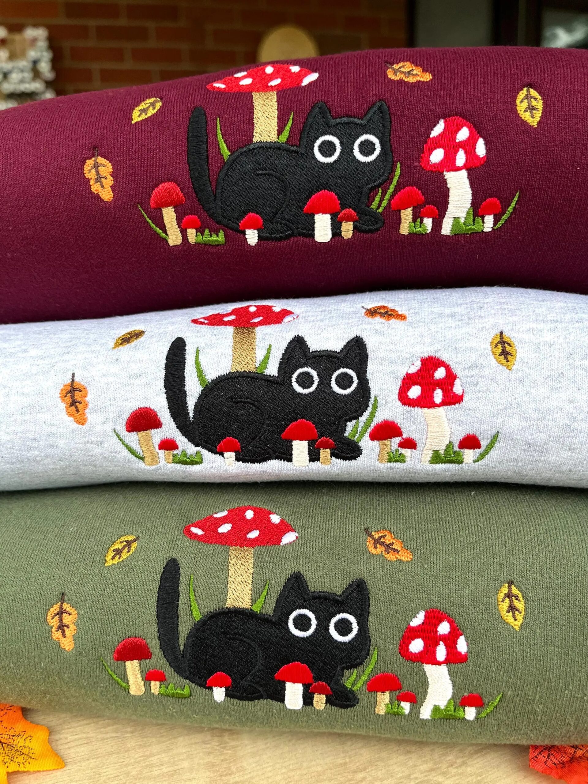 Embroidered Mushroom Cat Sweatshirt, Cute Autumn Embroidered Sweatshirt - Image 3
