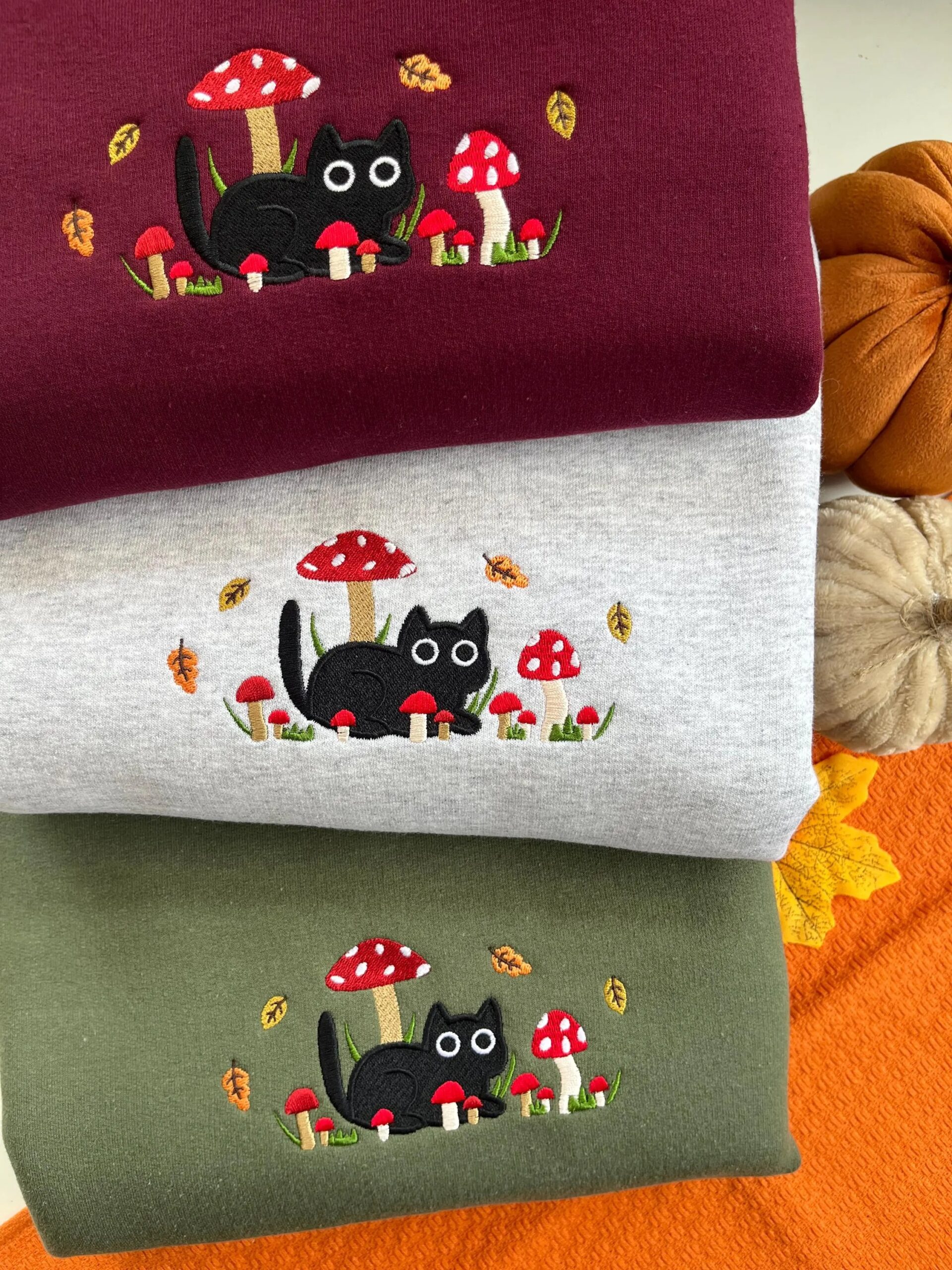 Embroidered Mushroom Cat Sweatshirt, Cute Autumn Embroidered Sweatshirt - Image 4