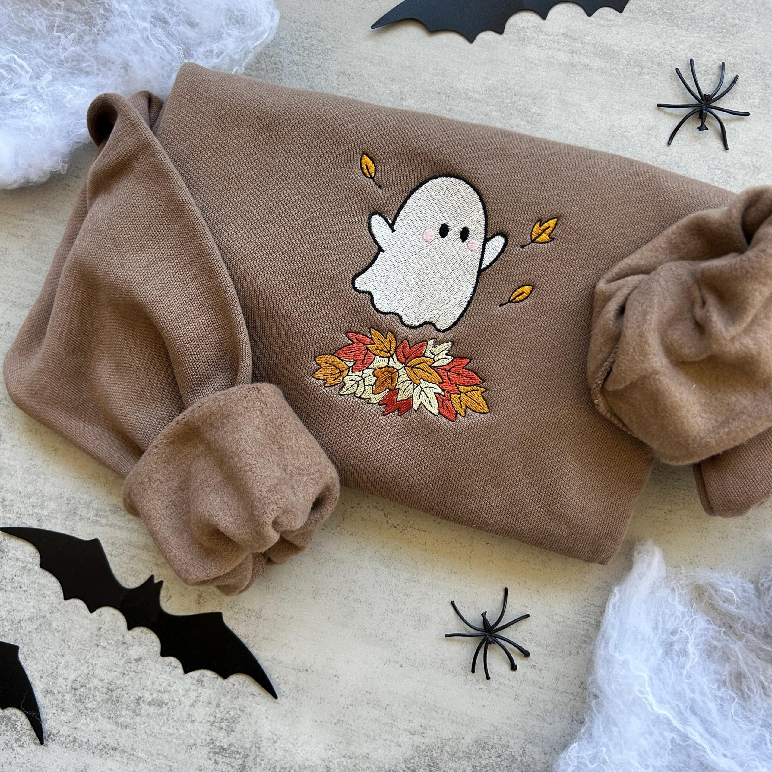 Embroidered Fall Ghost Sweatshirt, Autumn Cozy Season Sweatshirt, Embroidered Mushroom Sweater, Halloween Sweatshirt