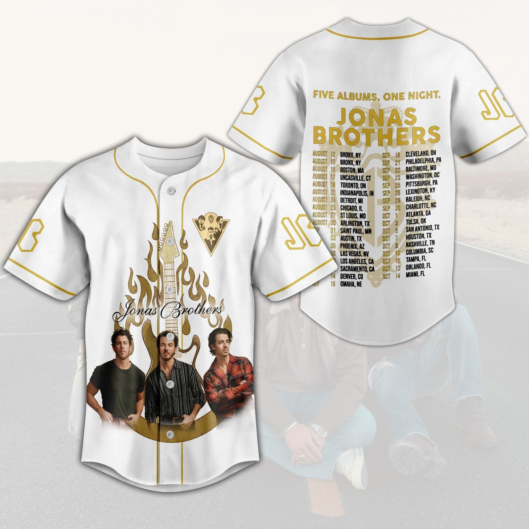 Jonas Brothers Five Albums One Night Black Design Baseball Jersey, Custom Color Jersey