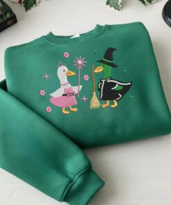 Alternative view of Goose Wicked Sweatshirt, Wicked Musical Inspired Duck Embroidered Sweater, Elphaba Glinda Goose Crewneck, Cute Witchy Green Pullover