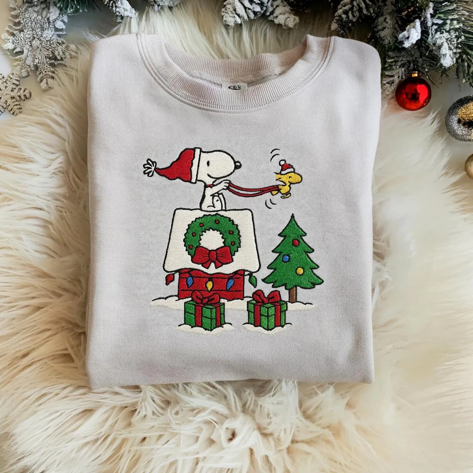 Cute Snoopy Christmas Embroidered Sweatshirt, Cozy Holiday Sweatshirt, Cartoon Winter Shirt, Festive Tree Embroidery - Image 2