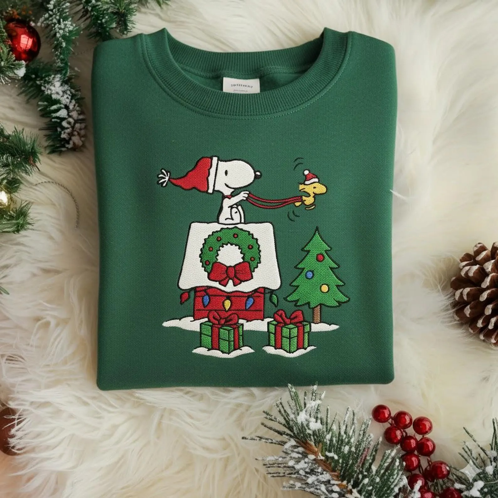 Cute Snoopy Christmas Embroidered Sweatshirt, Cozy Holiday Sweatshirt, Cartoon Winter Shirt, Festive Tree Embroidery - Image 4