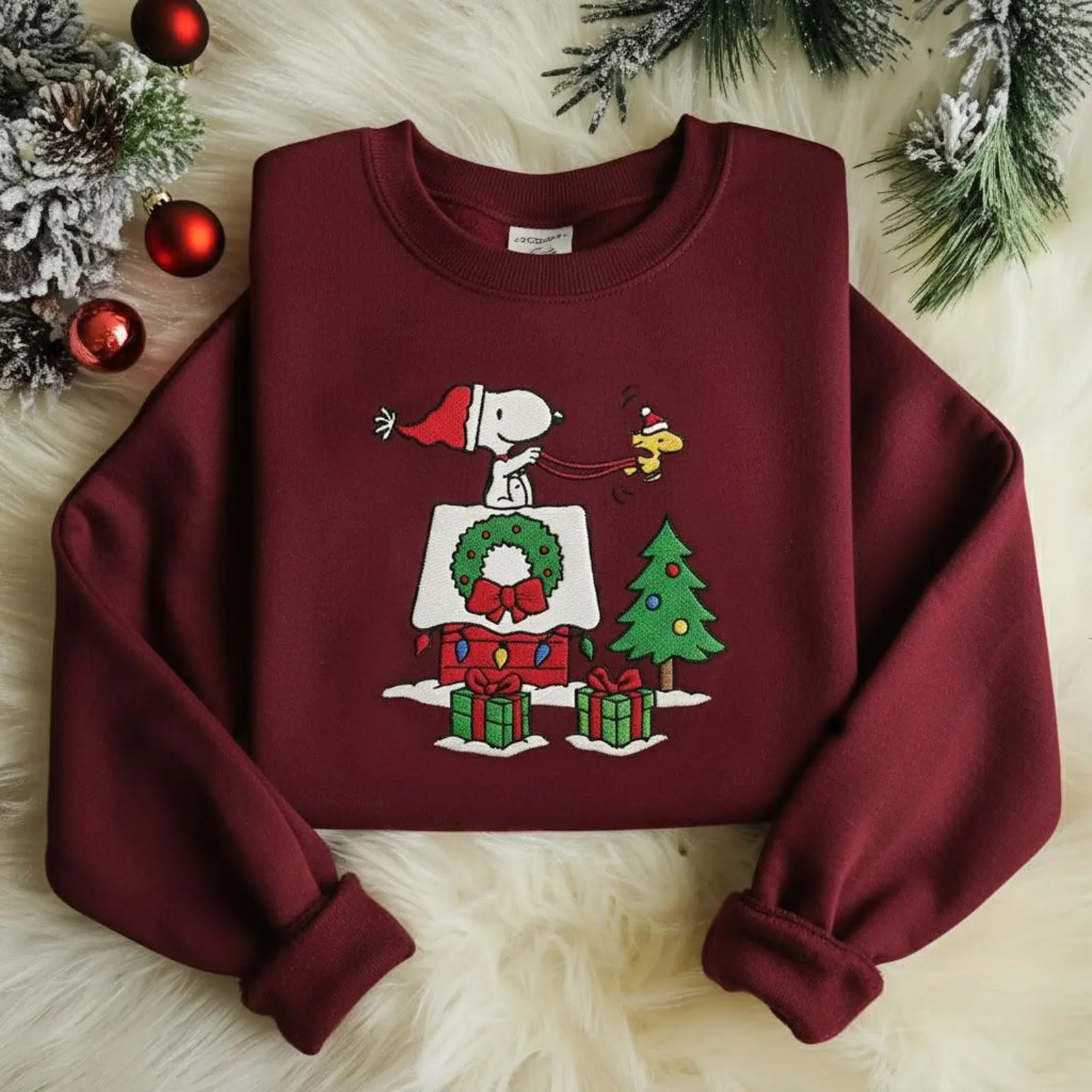Cute Snoopy Christmas Embroidered Sweatshirt, Cozy Holiday Sweatshirt, Cartoon Winter Shirt, Festive Tree Embroidery