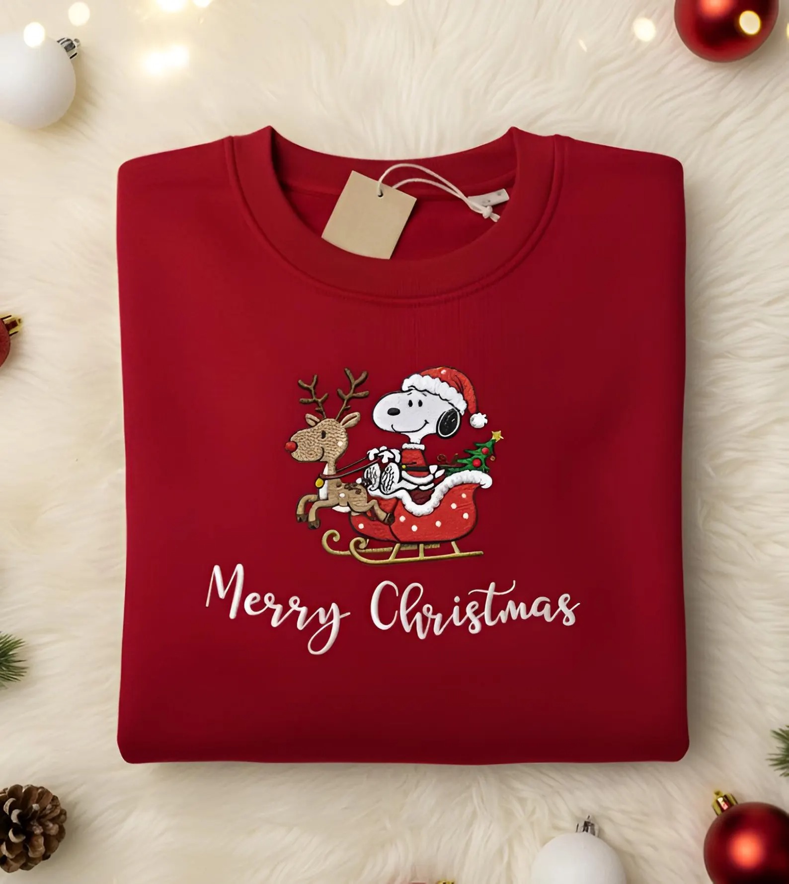 Embroidered Christmas Snoopy Sweatshirt, Peanuts Christmas Crewneck, Cute Snoopy Sweatshirt, Cartoon Dog Embroidered Shirt - Image 5