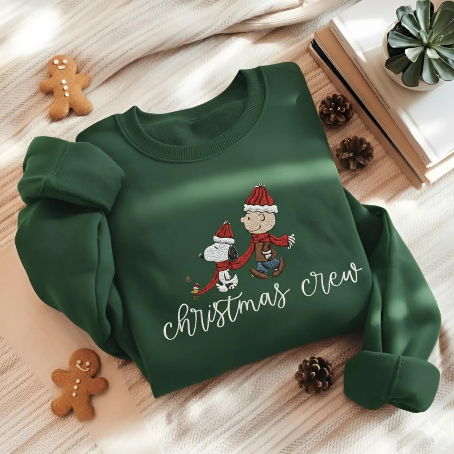 Embroidered Christmas Crew Sweatshirt, Peanuts Christmas Crewneck, Cute Snoopy Shirt, Cartoon Snoopy Embroidered Shirt - Image 2