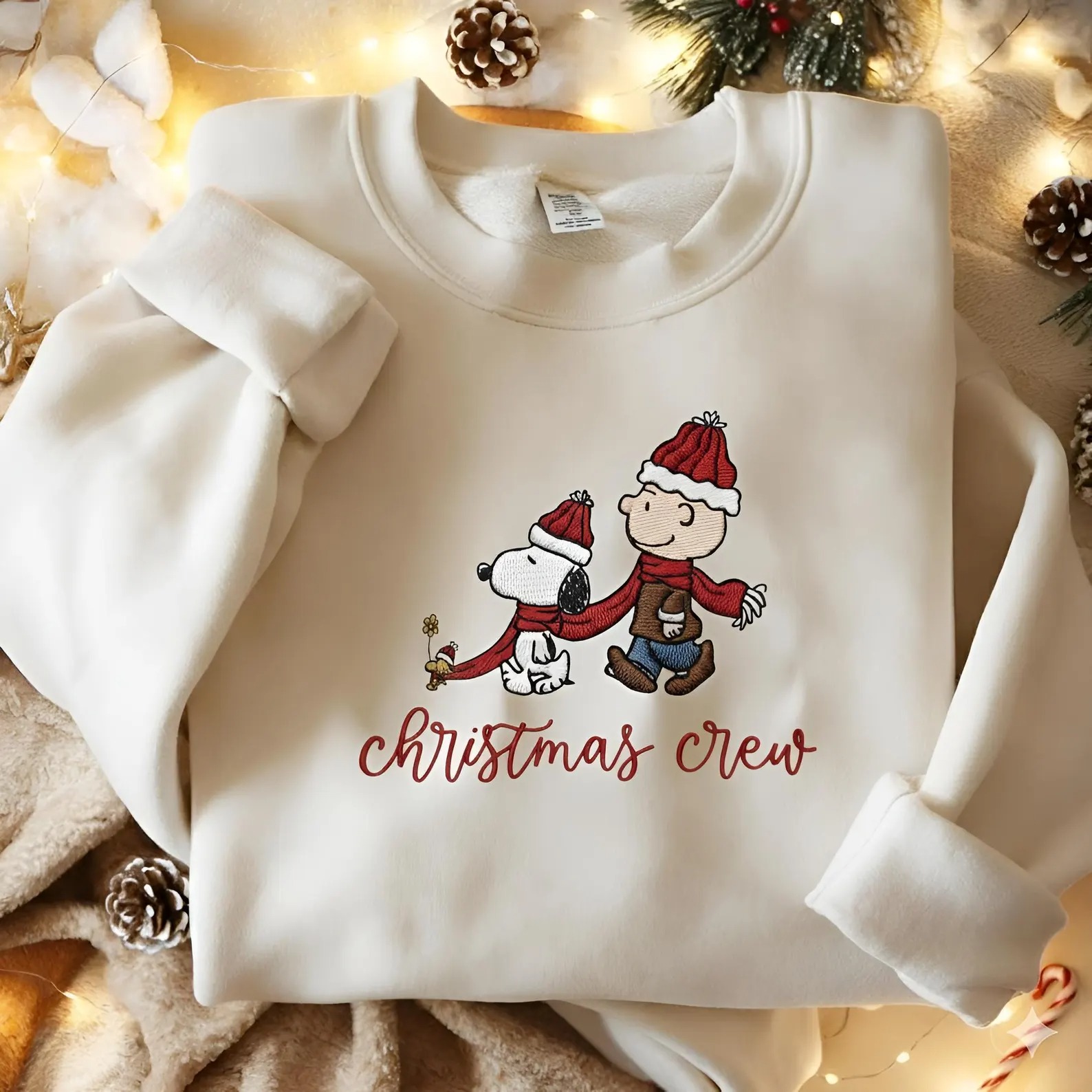 Embroidered Christmas Crew Sweatshirt, Peanuts Christmas Crewneck, Cute Snoopy Shirt, Cartoon Snoopy Embroidered Shirt - Image 4