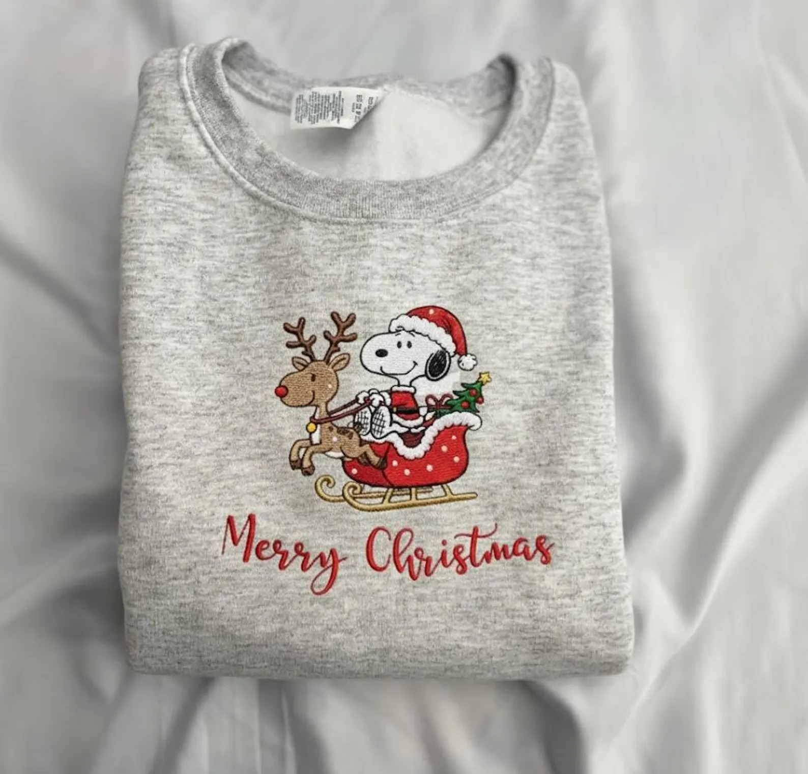 Embroidered Christmas Snoopy Sweatshirt, Peanuts Christmas Crewneck, Cute Snoopy Sweatshirt, Cartoon Dog Embroidered Shirt - Image 3