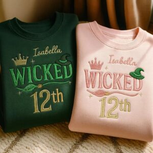 Custom Wicked Birthday Embroidered Sweatshirt, Pink & Green Witch Birthday Shirt, Kids Birthday Tee, Wicked Movie Gift