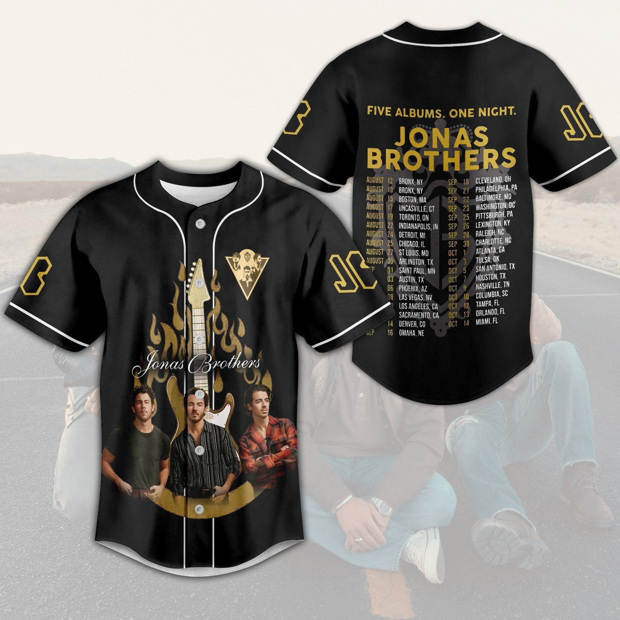 Jonas Brothers Five Albums One Night Black Design Baseball Jersey, Custom Color Jersey - Image 2