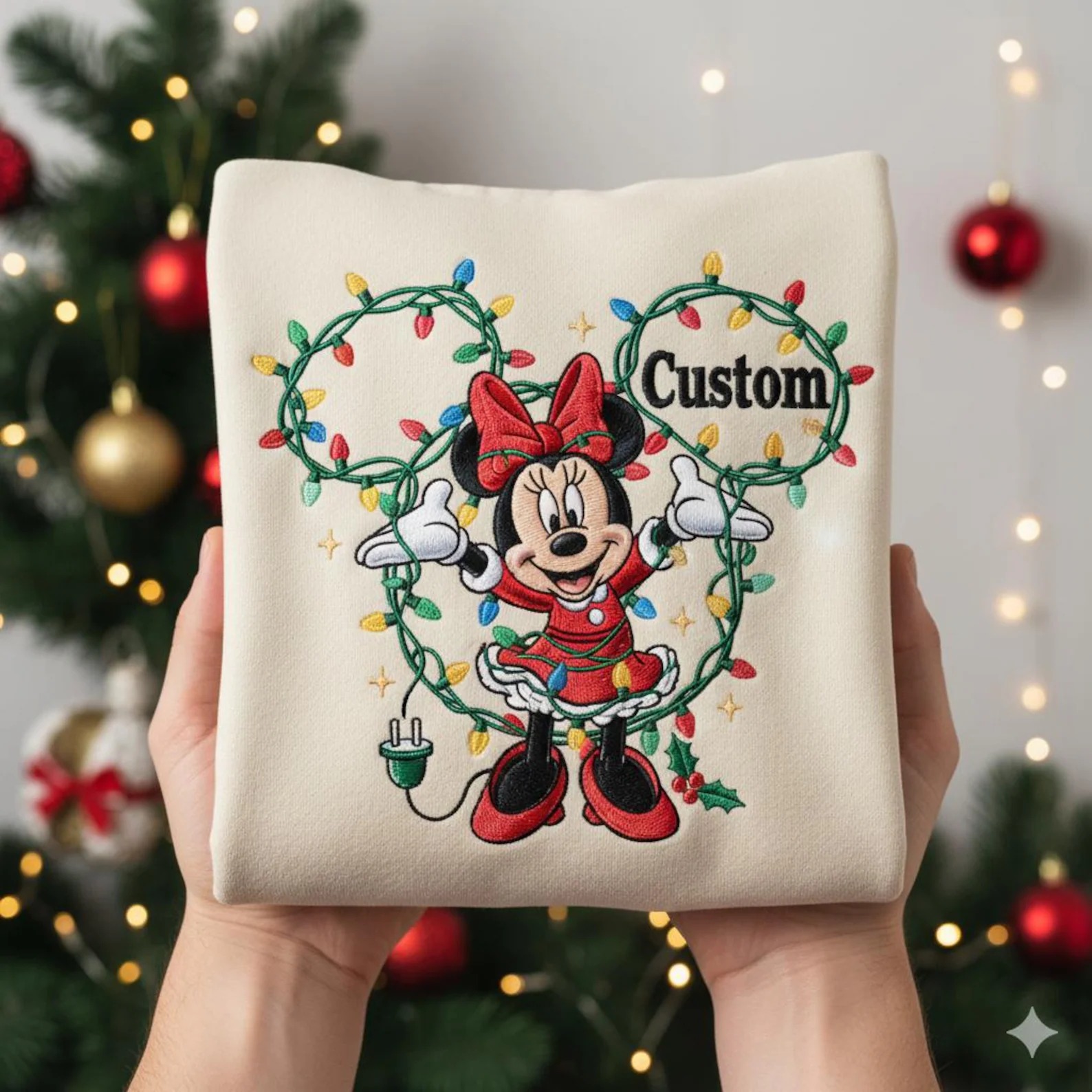 Embroidered Custom Minnie Christmas Lights Sweatshirt, Personalized Disney Xmas Tee, Minnie Mouse Holiday Crewneck - Image 2