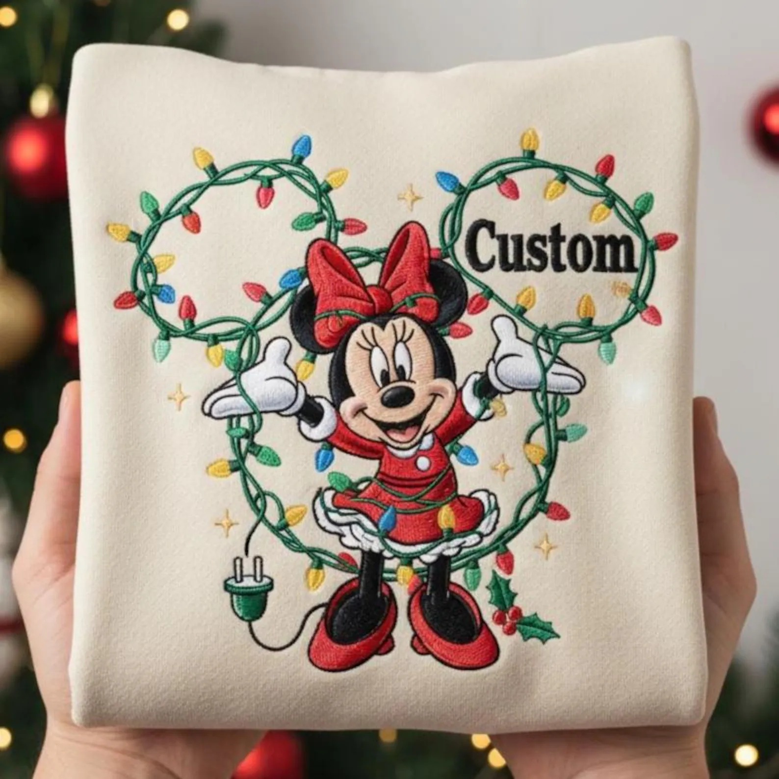 Embroidered Custom Minnie Christmas Lights Sweatshirt, Personalized Disney Xmas Tee, Minnie Mouse Holiday Crewneck