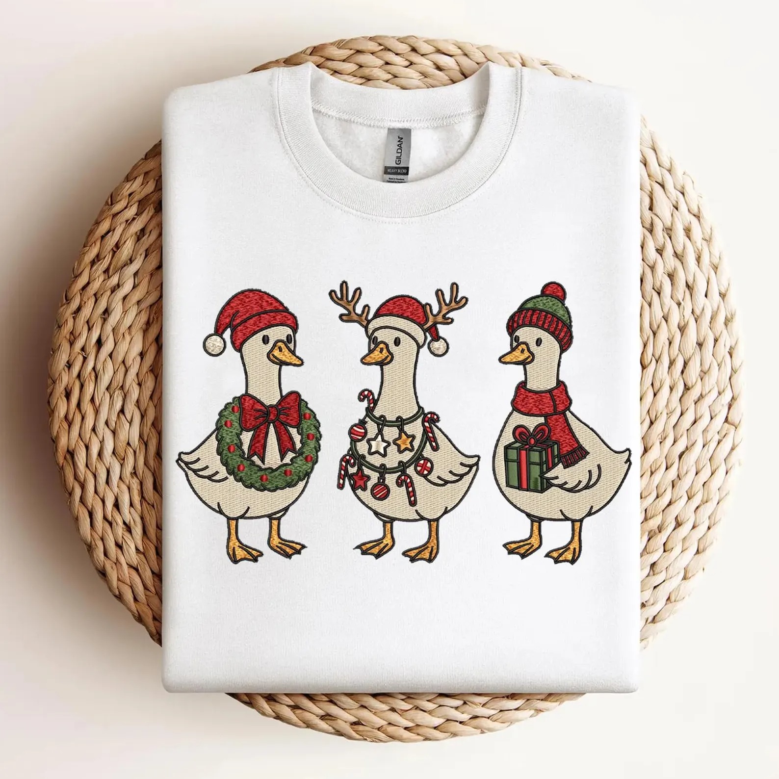 Embroidered Merry Christmas Goose Shirt, Goose With Santa Hat Embroidery Sweatshirt, Christmas Embroidered Holiday Crewneck - Image 4