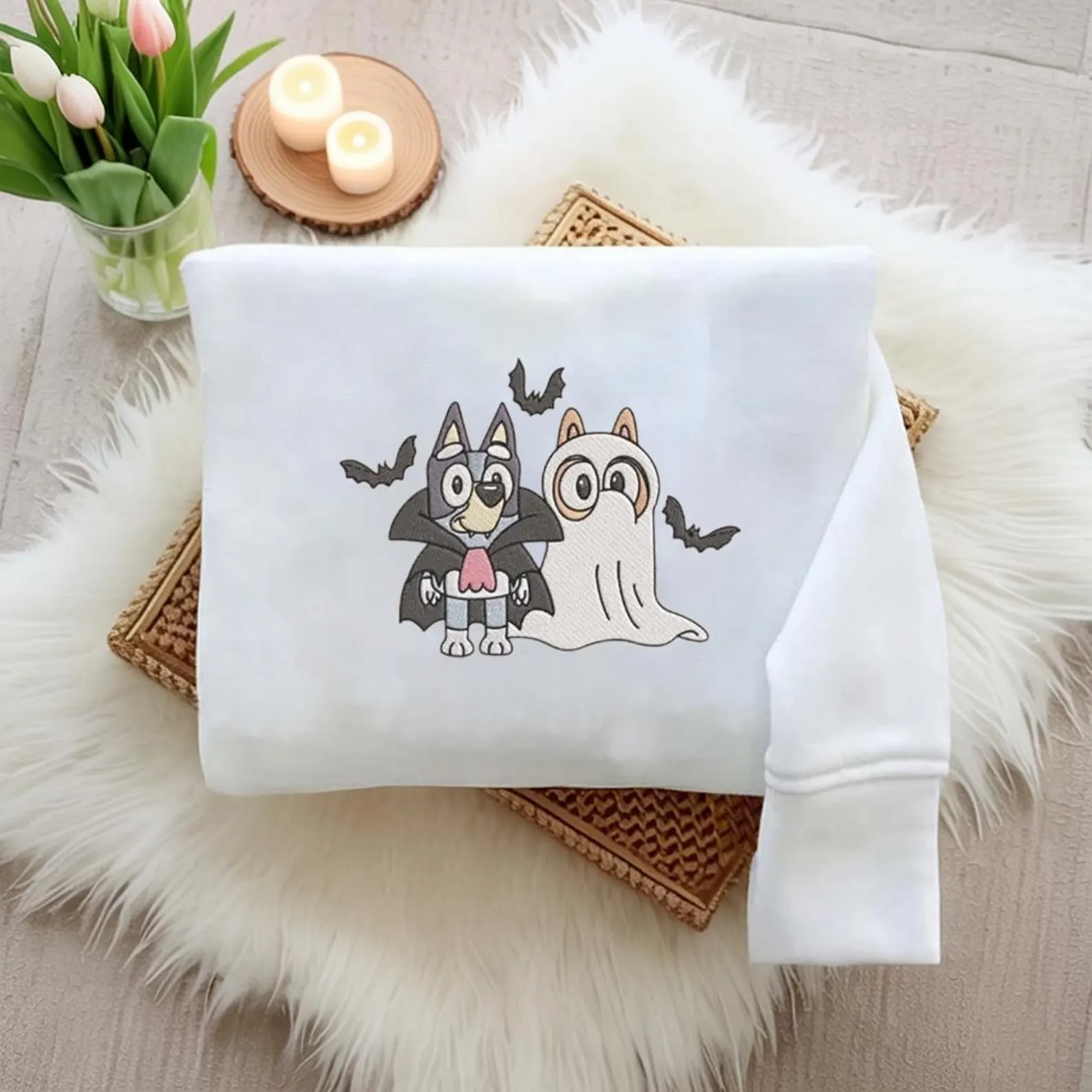 Blue Dog Embroidered Sweatshirt, Personalized Blue Ghost Embroidered Shirt, Spooky Fall Embroidery Shirt