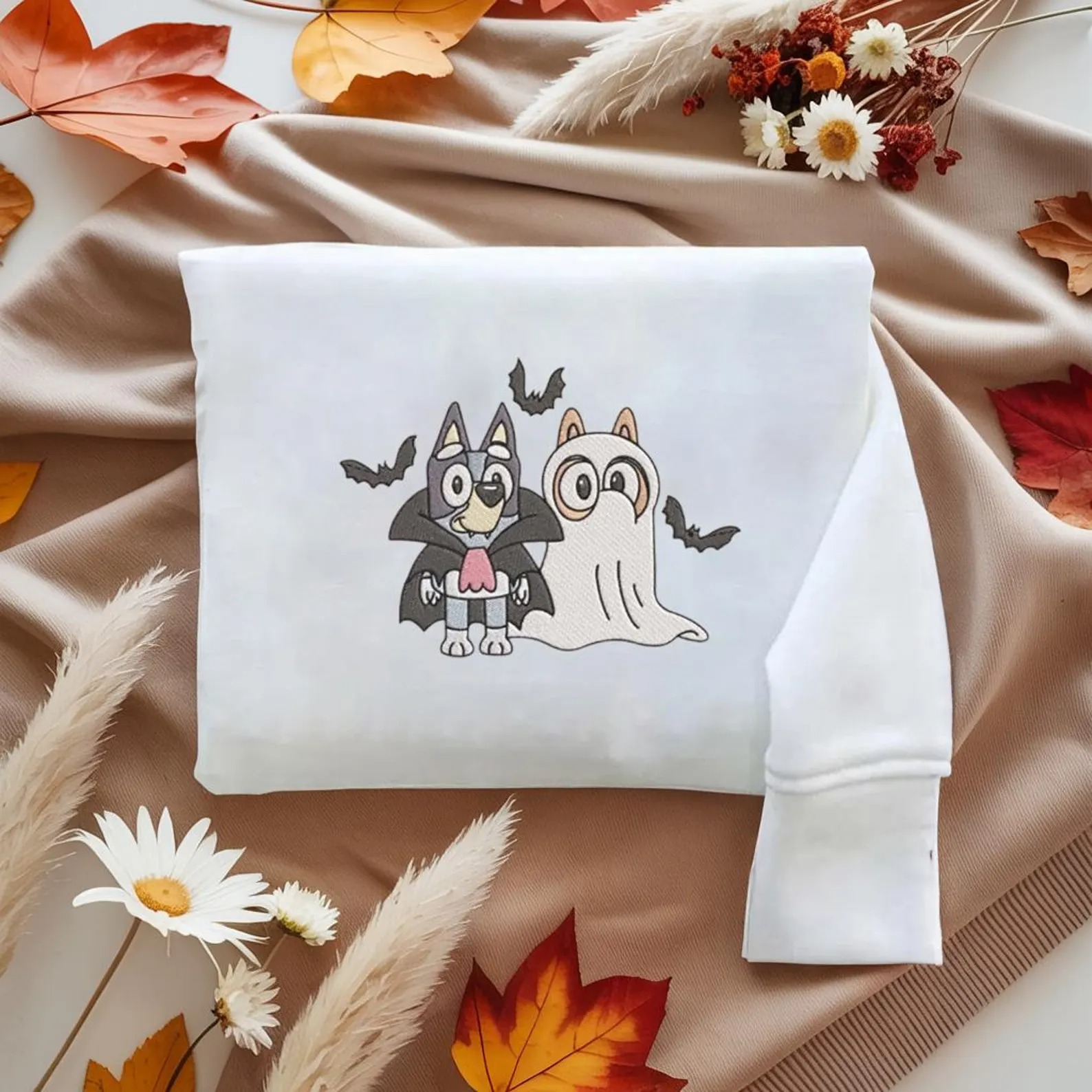 Blue Dog Embroidered Sweatshirt, Personalized Blue Ghost Embroidered Shirt, Spooky Fall Embroidery Shirt - Image 3