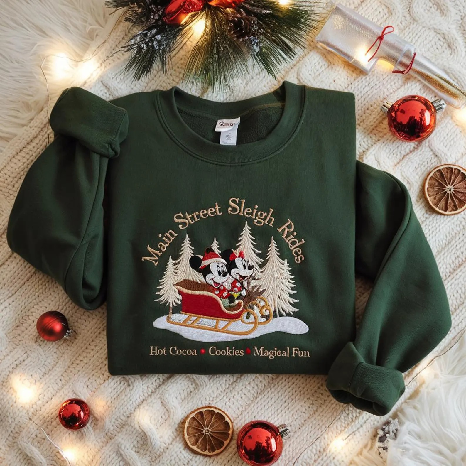 Mickey Minnie Sleigh Ride Shirt, Embroidered Holiday Sweater, Disney Family Sweatshirt, Disney Main Street Xmas Shirt - Image 3