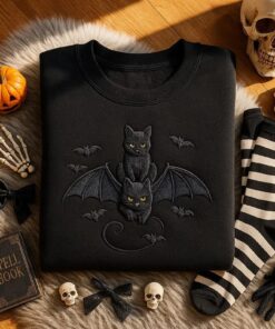 Embroidered Halloween Black Cat Sweatshirt, Bats Shirt Dark Humor Gothic Style Bat Sweatshirt
