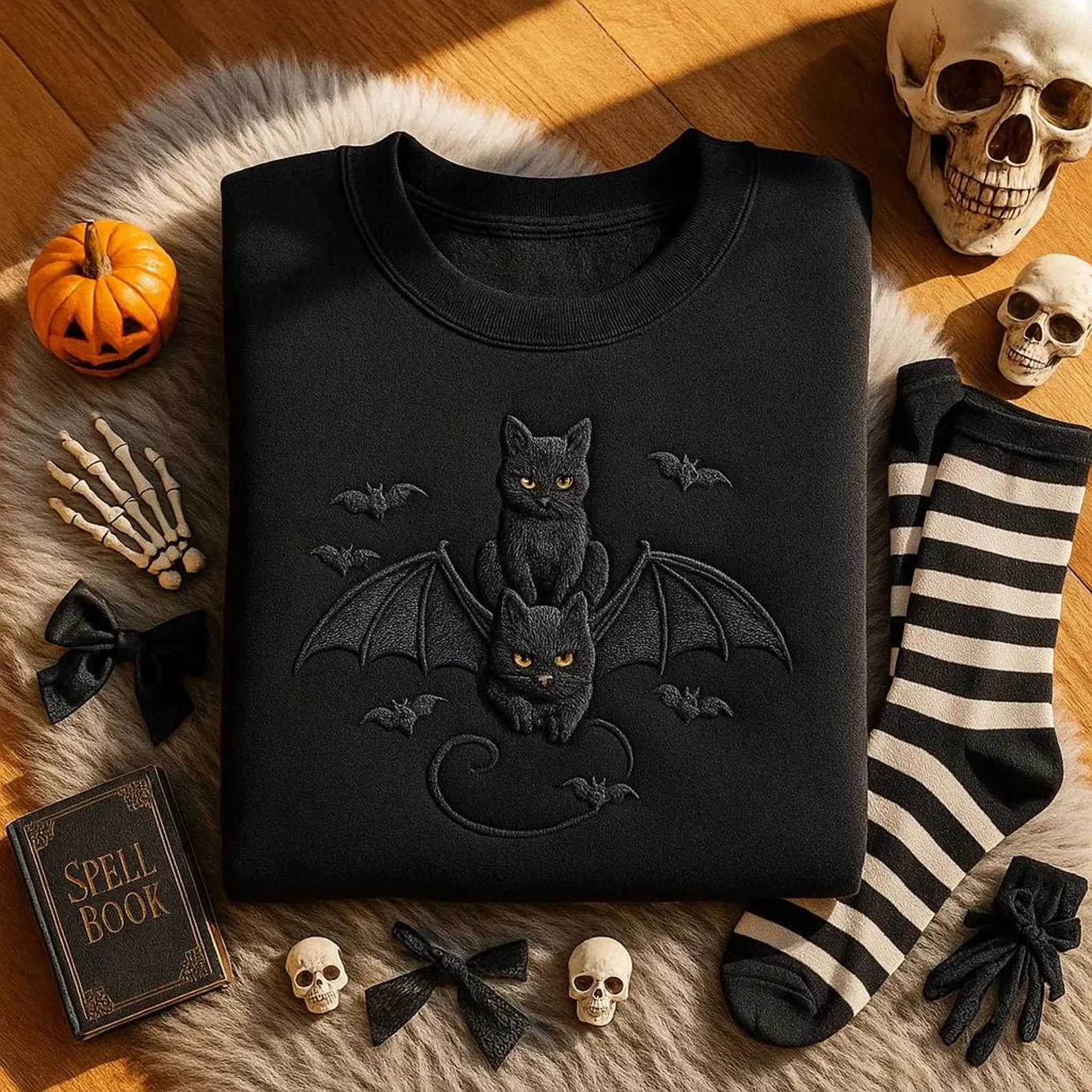 Embroidered Halloween Black Cat Sweatshirt, Bats Shirt Dark Humor Gothic Style Bat Sweatshirt