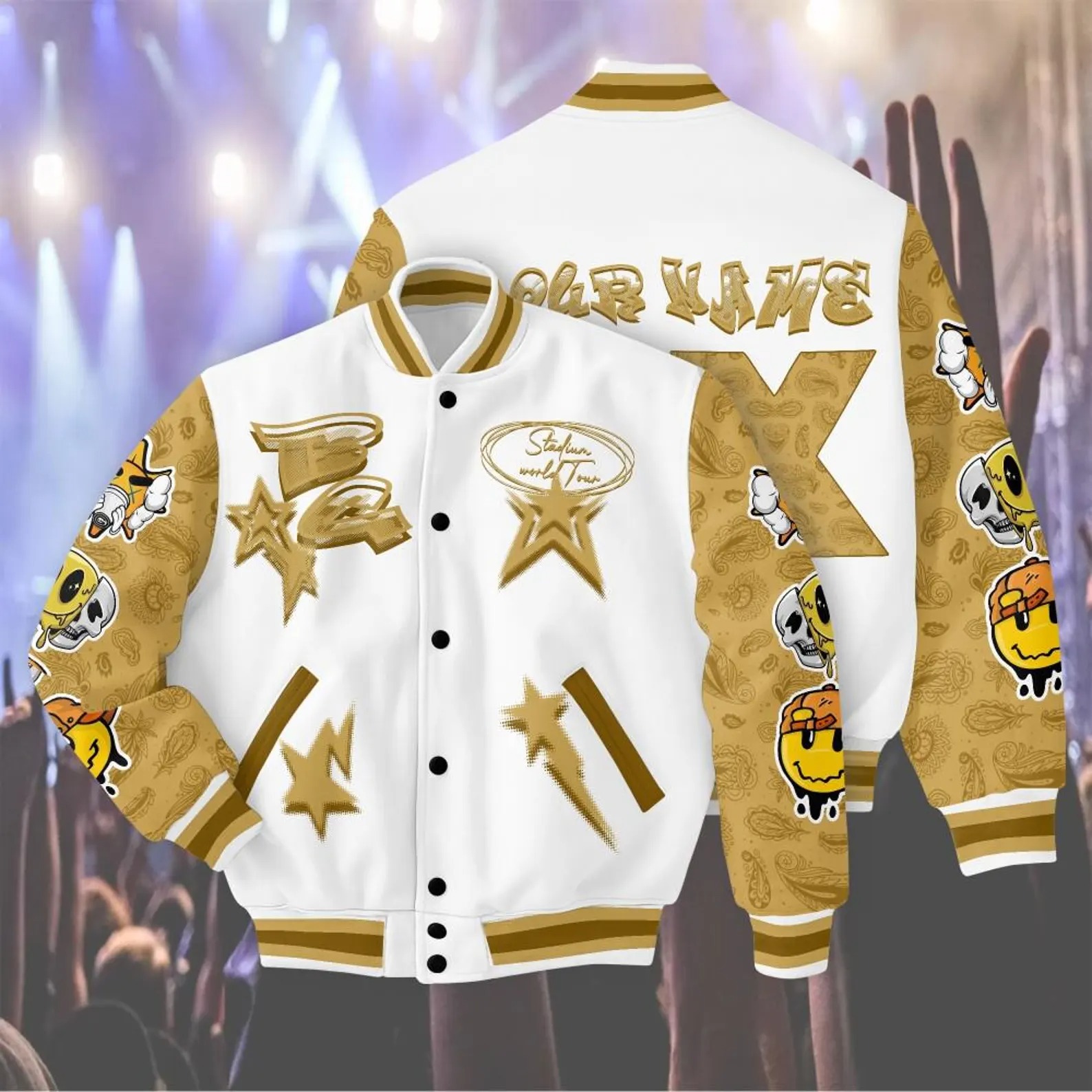 Customized Yellow White Chris Brown XX Concert 2025 BaseBall Jacket, Breezy Bowl XX 2025 BaseBall Jacket