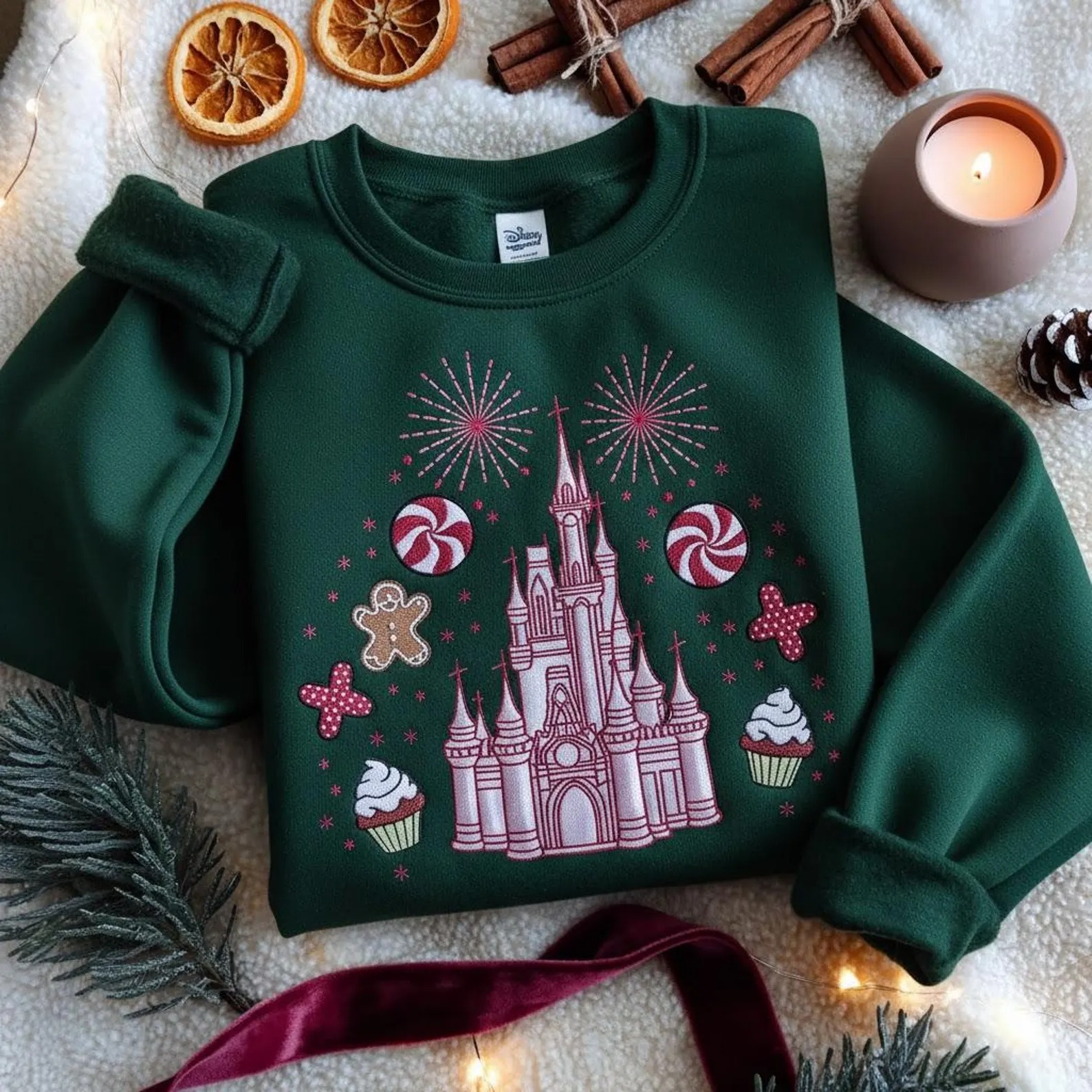 Embroidered Disney Castle Christmas Sweatshirt, Holiday Gingerbread Sweater, Disney Park Xmas Sweater - Image 2